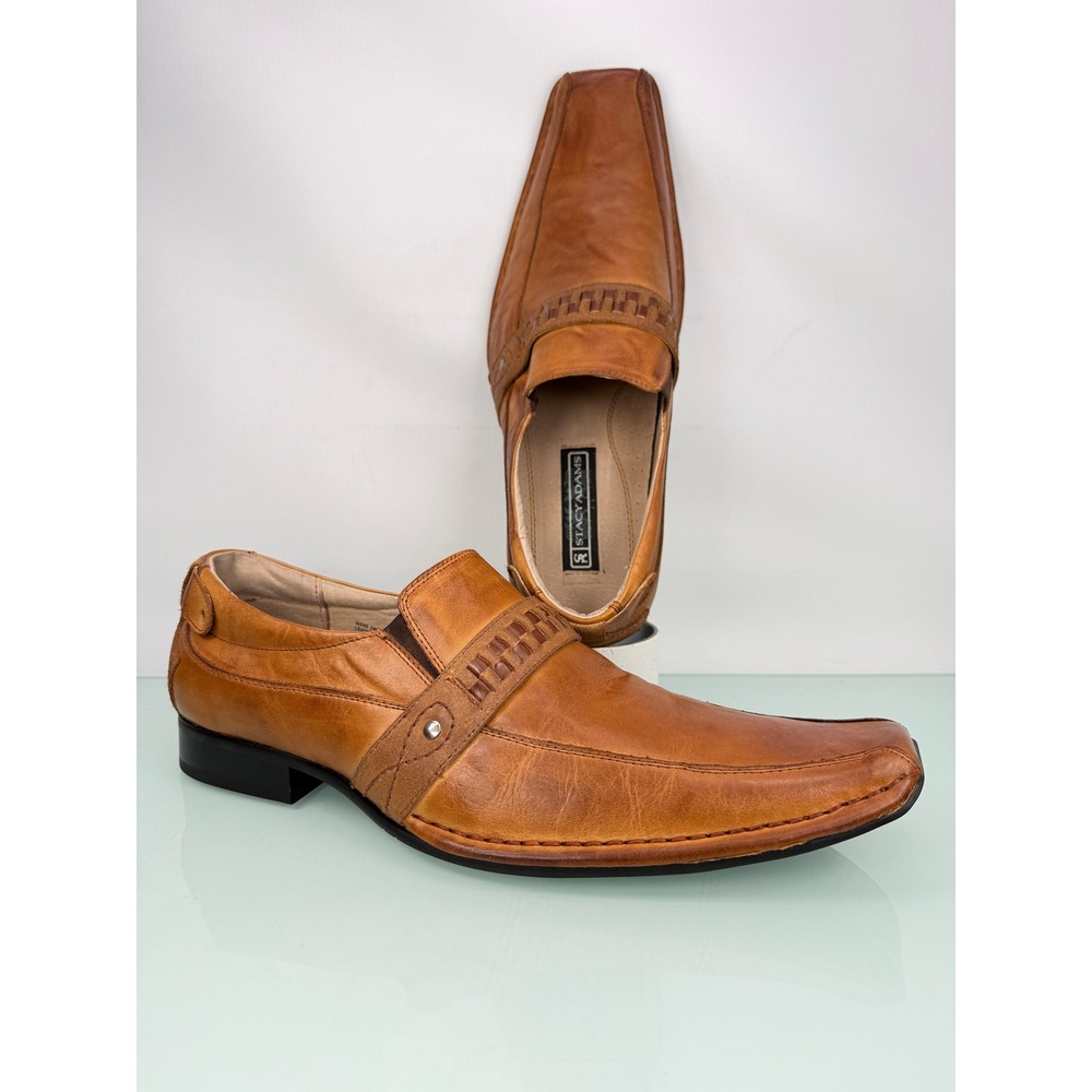 Rare Stacy Adams Loafers 10.5 Tan Leather Woven Strap Square Toe Dress Preppy
